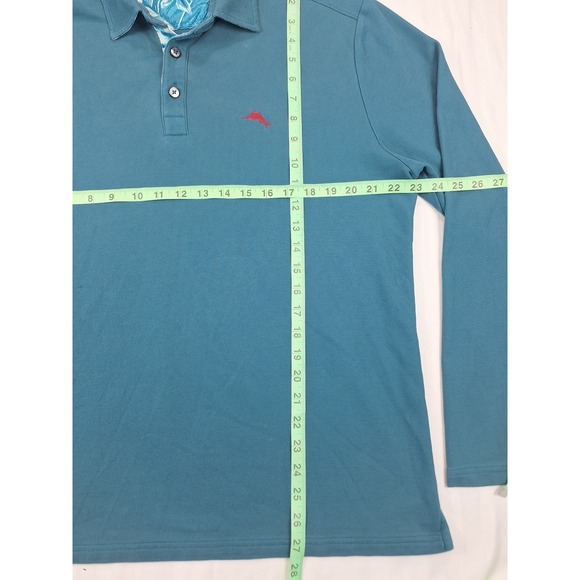 Tommy Bahama IslandZone Mens Large Teal Blue Long Sleeve Polo Shirt Floral Trim - Picture 3 of 7